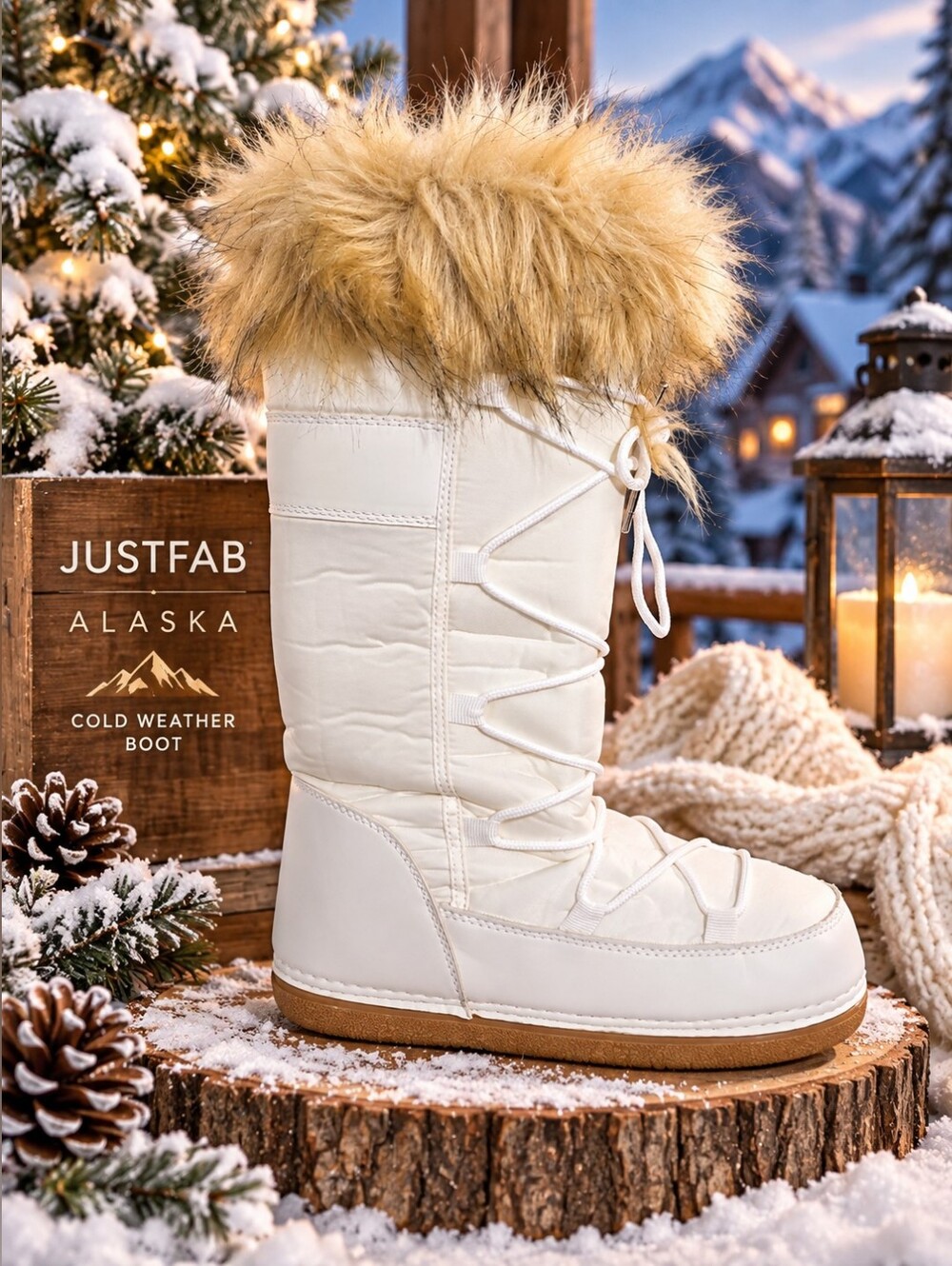 JUSTFAB Alaska Cold Weather Winter Boots White Brown Faux Fur LG 9/10 NWT